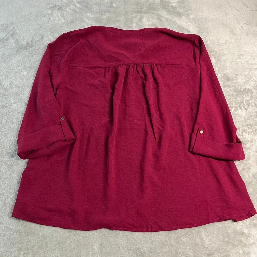 NWT Kim Rogers Womens 4X Sangria Red Pintuck Roll Tab 3/4 Sleeve Blouse Office
